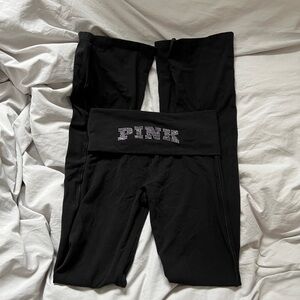 PINK Y2K Rhinestone Black Foldover Flare Leggings